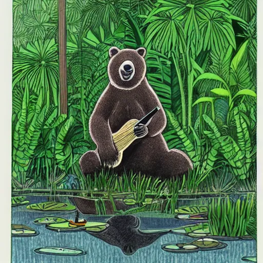 Image similar to a bear sitting in a pond in a lush jungle together with a guitarist, drawing by moebius