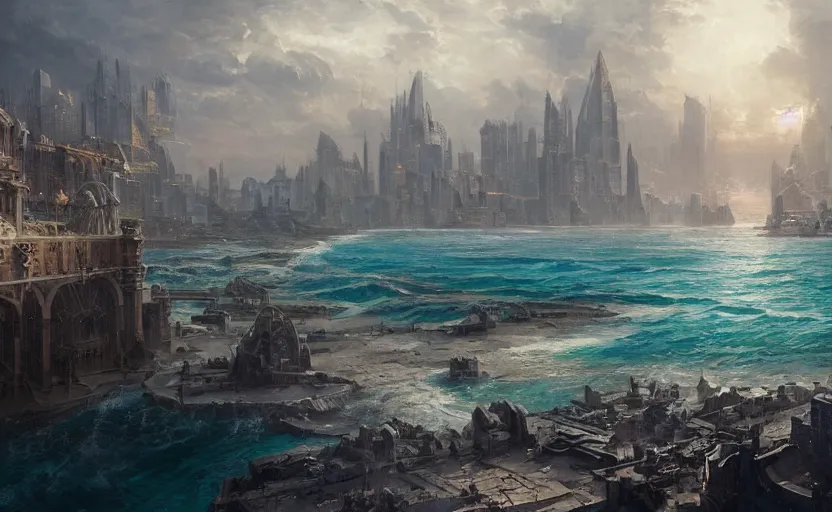 Prompt: The city of atlantis rising from the ocean, a fantasy digital painting by Greg Rutkowski and James Gurney, trending on Artstation, highly detailed, high resolution