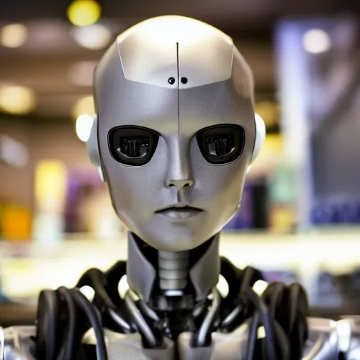 Image similar to photo of a robot who looks almost the same as a human in a store display hiding a dark secret, synthetic skin!!!, highly detailed face, expressive face, cyberpunk, year 3022, medium close-up, depth of field, ISO 300, aperture f11, 1/100 obturation speed