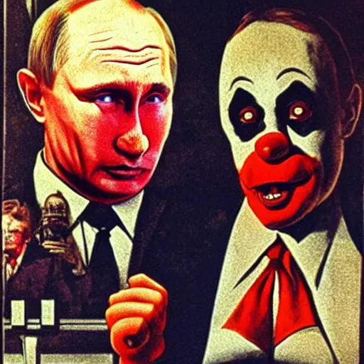 Image similar to Putin is serial killer devil in vintage horror movie poster of Putin is clown