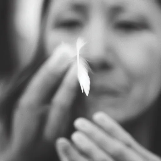 Image similar to black and white photo of a lady blowing feathers from the palm of her hand, low depth of field