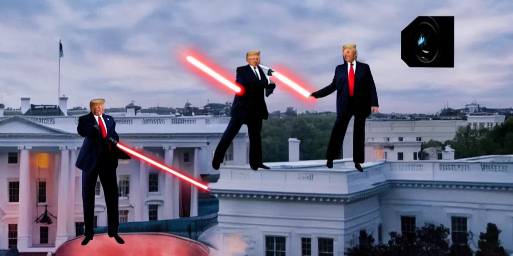 Prompt: a professional cinematic photo of donald trump vs elon musk, lightsaber dueling on top of white house. extremely high fidelity. key light.