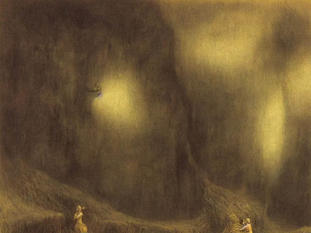 Prompt: Giant Balinese sculpted god in a ravine, fog, melancholy, noise, surreal canopy, Harsh, golden light, thunderstorm. Painting by Alfred Kubin, Caspar David Friedrich