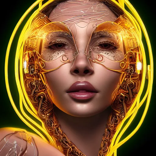 Prompt: very beautiful woman integrating with technology, full face frontal centered, portrait, insipiring, detailed intricate ornate cables connected to head, big open electric eyes, luxurious detailed abundent wiring and implants, diamonds, sci-fi, neon, emeralds, detailed technology full background, highly detailed, artstation, Rene Lalique and Eddie Mendoza and Gil Elvgren