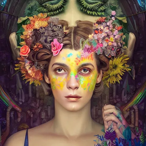 Image similar to Lofi biopunk portrait beautiful woman with short brown curly hair, roman face, unicorn, rainbow, floral, Pixar style, Tristan Eaton, Stanley Artgerm, Tom Bagshaw