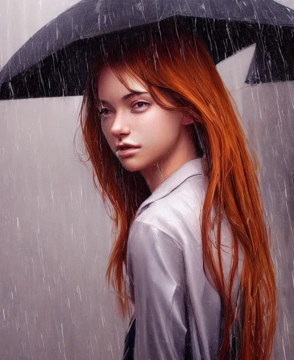 Prompt: an ultradetailed beautiful portrait painting of a stylish girl standing in the rain, side view, oil painting, high resolution, by ilya kuvshinov, greg rutkowski and makoto shinkai