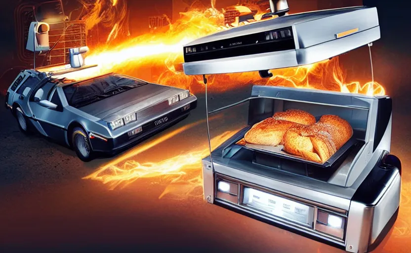 Image similar to a time-traveling delorean styled toaster with toast, bread inserted into slot, glowing heating coils, stainless steel, professional product shot, magazine ad