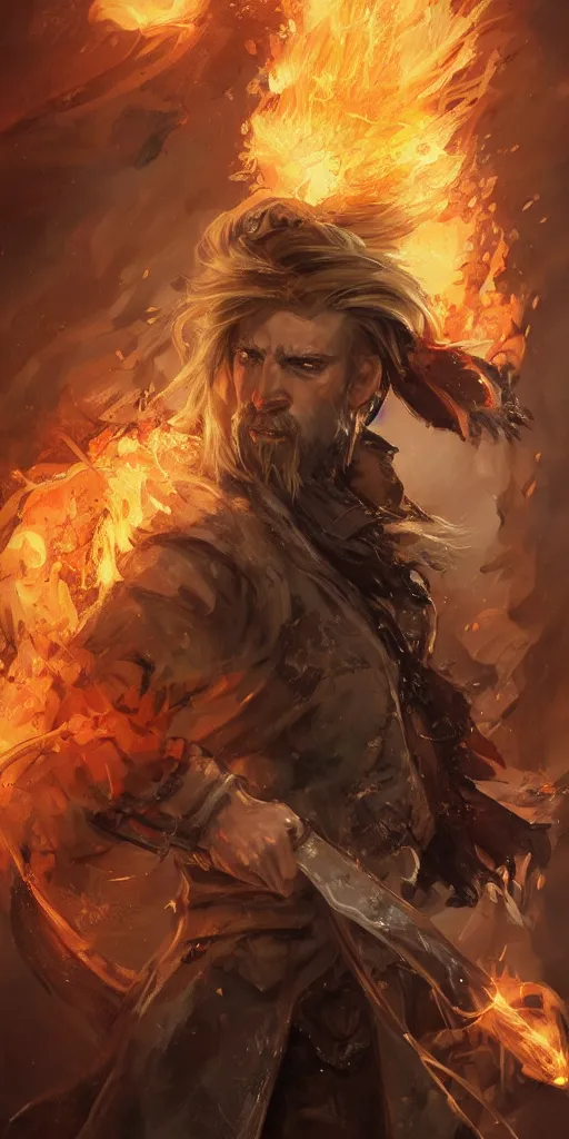 Image similar to portrait of a muscular, grim, ponytail haired blonde man in his late 30's, wearing a thick brown leather coat, looking to his side, holding a fiery dagger, hunter, DnD character, fantasy character, digital art by Ruan Jia, Krenz Cushart, Rossdraws and Boris Vallejo