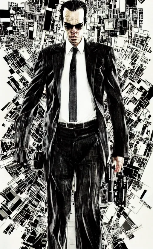 Image similar to full body portrait of nick cave as agent smith, sumi - e lighting style, intricate linework, artstation, trending, highly detailed, smooth, focus, concept art by yoji shinkawa and glenn fabry, lee bermejo, gabriele dell'otto