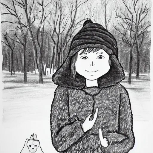 Prompt: a black and white ink drawing of a freckled ten year old girl named lucy in winter fur park and and a fur hat, ( ( ( ( smiling ) ) ) ), ( ( ( ( waving hand ) ) ) )