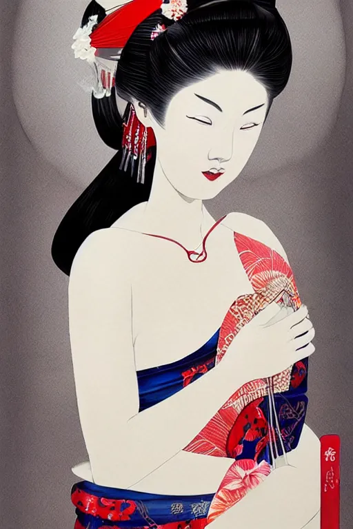 Image similar to sensual and very seductive geisha, digital art, 8k, character, realistic, portrait, photorealism, japan watercolour, masterpiece art
