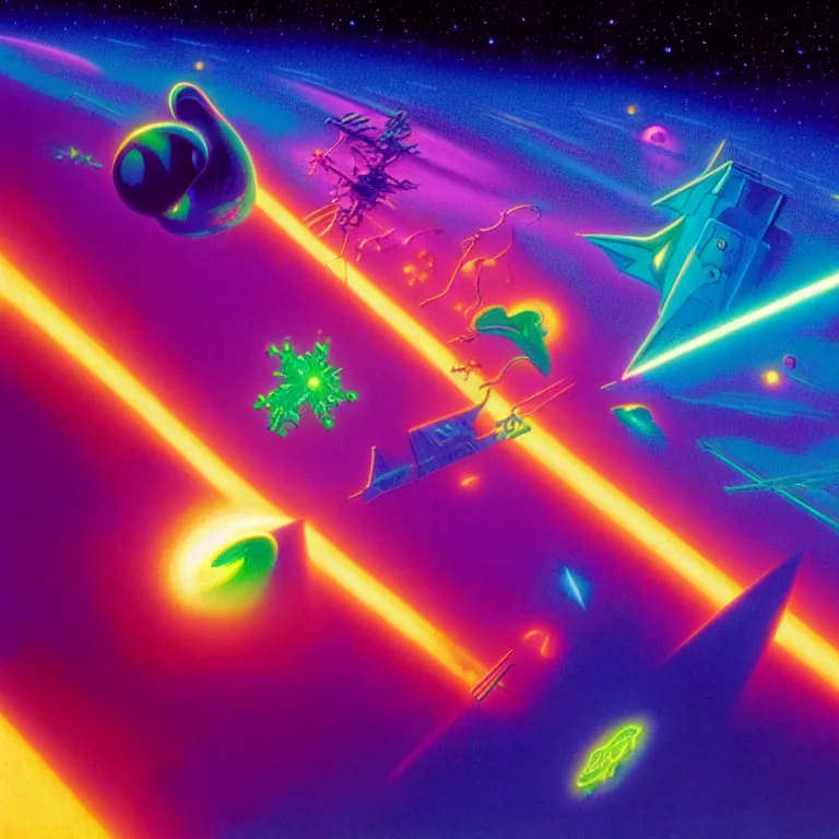 Prompt: edge of infinite quantum space, synthwave, bright neon colors, highly detailed, cinematic, tim white, roger dean, michael whelan, jim burns, bob eggleton, chris moore, vladimir kush, kubrick, alfred kelsner, vallejo