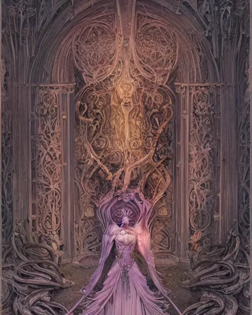 Prompt: a beautiful detailed front view of a dead rotten princess with ornate growing around, ornamentation made of baroque architecture, elegant, beautifully soft lit, by wayne barlowe, peter mohrbacher, kelly mckernan