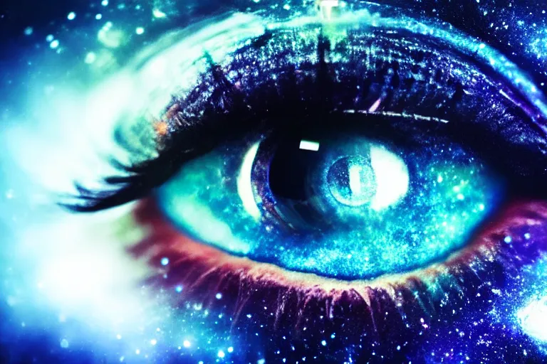 Image similar to a galaxy is inside of an eye, beautiful eye, eye, eye of a woman, realistic, ultra realistic, macro photo, beautiful, digital art, conceptual art, trending on artstation