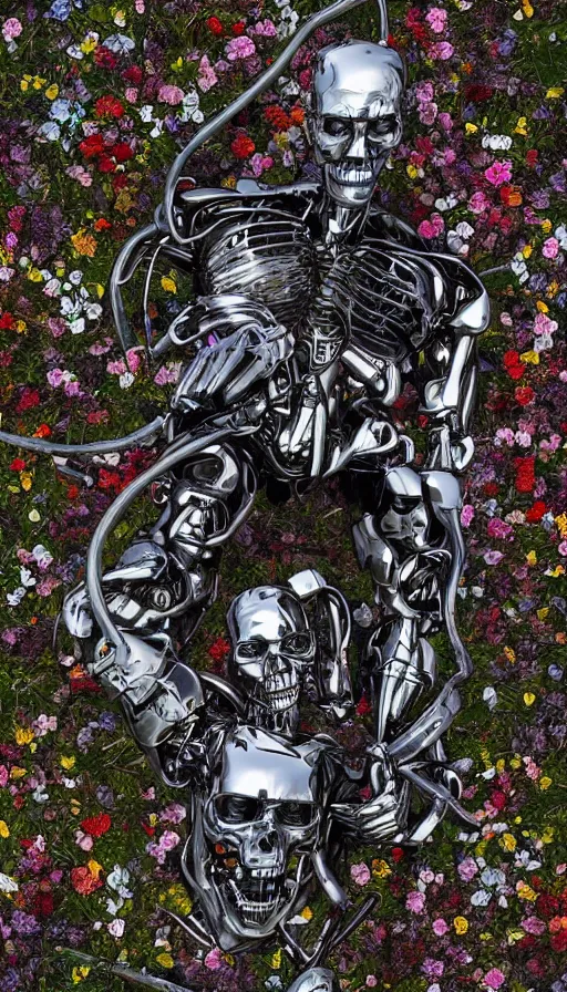 Image similar to destroyed terminator lying in a field of flowers, twisted metal, chrome, reflections, anthropomorphic, photorealism, smoke, metal, 8 k, surreal, wires, smooth, sharp focus, top view, extremely detailed, hyperrealism, elegant, establishing shot, by jeff koons, artgerm and greg rutkowski