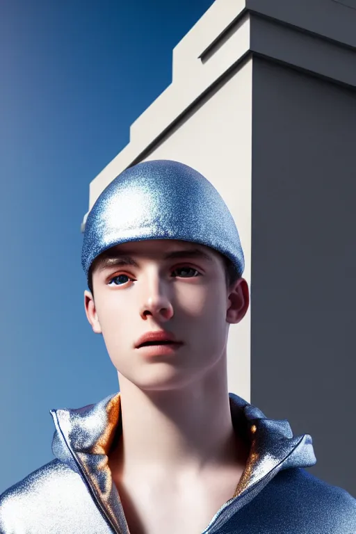 Image similar to un ultra high definition studio quality photographic art portrait of a young man standing on the rooftop of a british apartment building wearing soft padded silver pearlescent clothing. three point light. extremely detailed. golden ratio, ray tracing, volumetric light, shallow depth of field. set dressed.