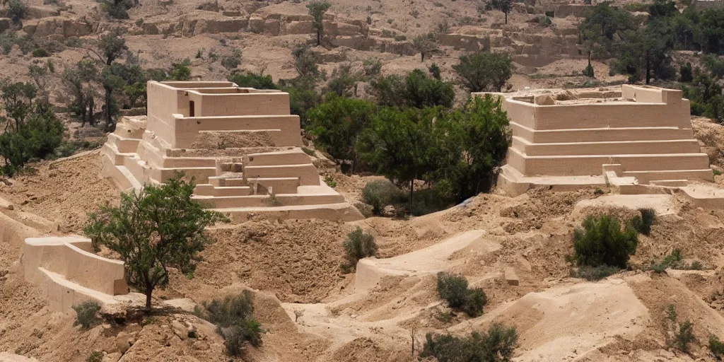 Prompt: rammed earth, ancient egyptian fortress atop a jungle hill