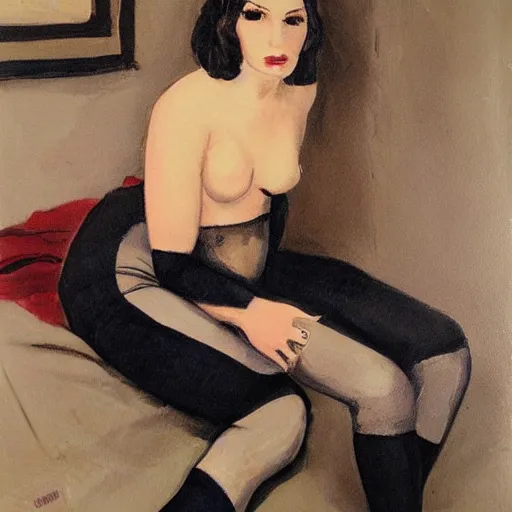 Prompt: old painting of a pretty woman in thigh high socks