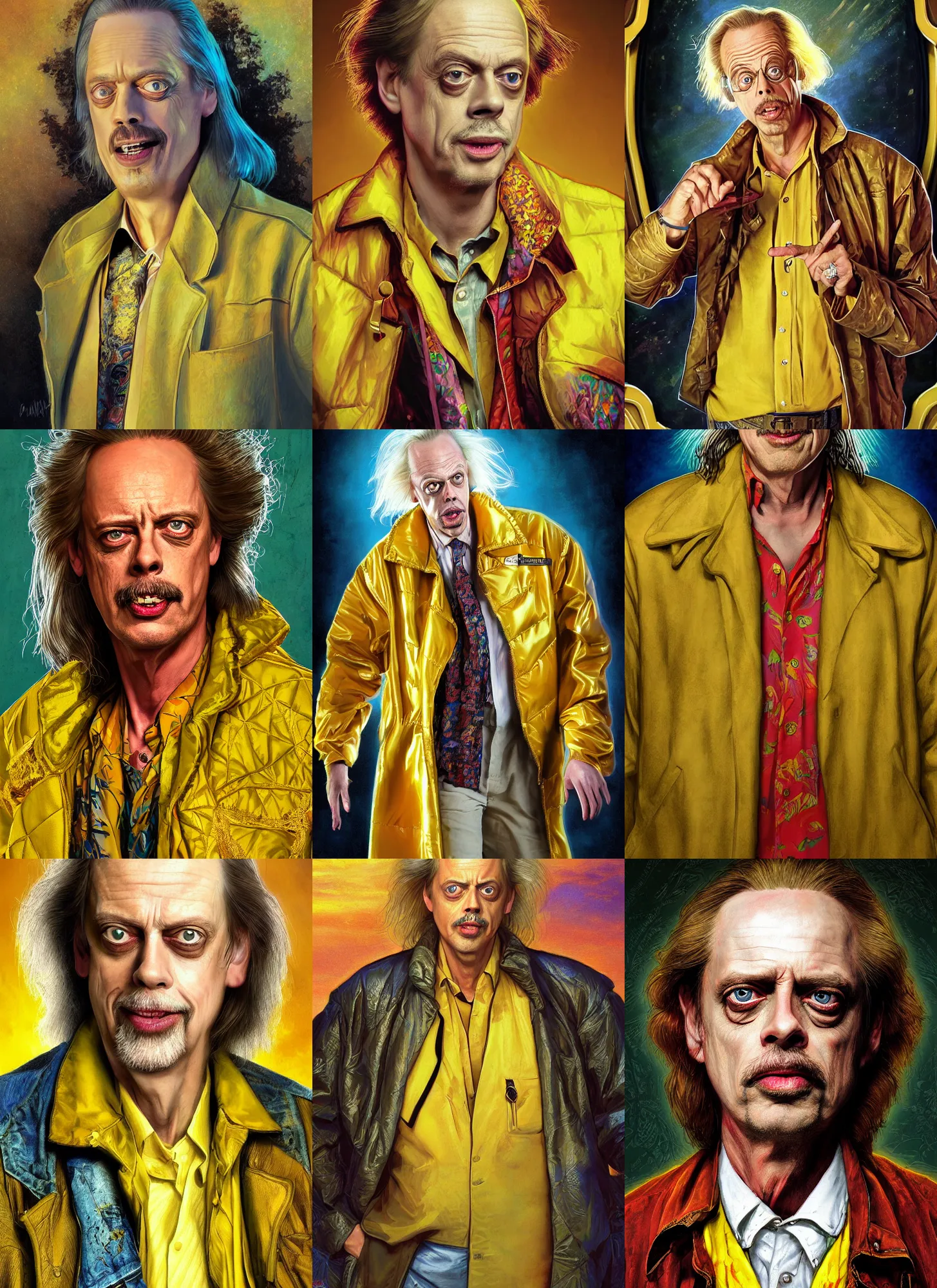 Prompt: formal portrait of steve buscemi as doc brown from back to the future, wearing yellow coat over hawaiian shirt. digital art by eugene de blaas, ross tran, and nasreddine dinet, vibrant color scheme, intricately detailed, in the style of romanticism, cinematic, lighting background, artstation, greg rutkowski