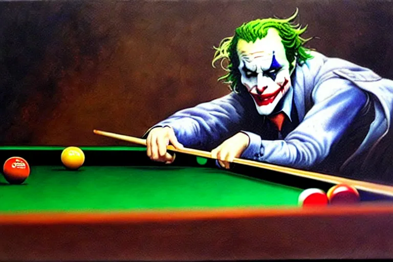 Image similar to a portrait of the joker playing pool by alan lee