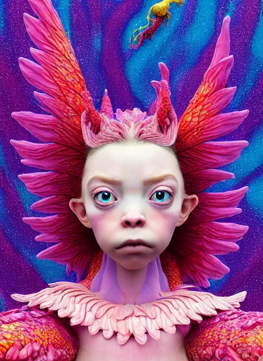 Image similar to hyper detailed 3d render like a Oil painting - kawaii portrait of two Aurora (a beautiful skeksis muppet fae princess protective playful expressive from dark crystal that looks like Anya Taylor-Joy) seen red carpet photoshoot in UVIVF posing in scaly dress to Eat of the Strangling network of yellowcake aerochrome and milky Fruit and His delicate Hands hold of gossamer polyp blossoms bring iridescent fungal flowers whose spores black the foolish stars by Jacek Yerka, Ilya Kuvshinov, Mariusz Lewandowski, Houdini algorithmic generative render, golen ratio, Abstract brush strokes, Masterpiece, Edward Hopper and James Gilleard, Zdzislaw Beksinski, Mark Ryden, Wolfgang Lettl, hints of Yayoi Kasuma and Dr. Seuss, octane render, 8k