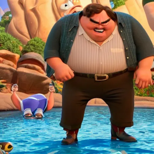 Image similar to Jack Black in Pixar's Up, CG movie still, very detailed