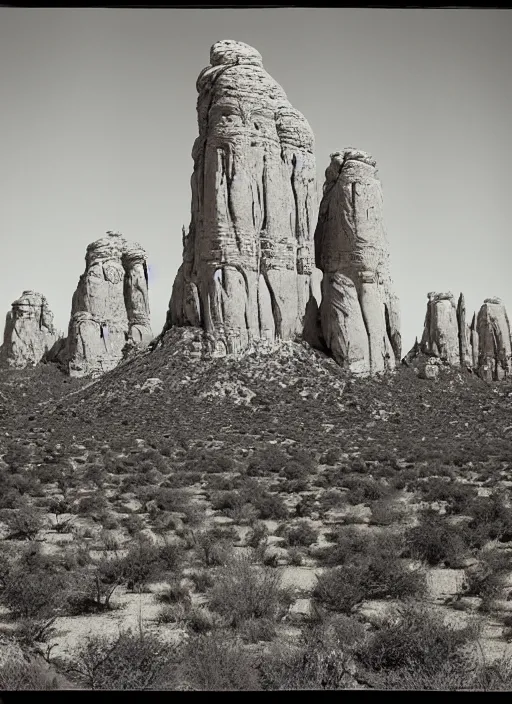 Image similar to Towering badland rock formations protruding out of lush desert vegetation, albumen silver print by Timothy H. O'Sullivan.