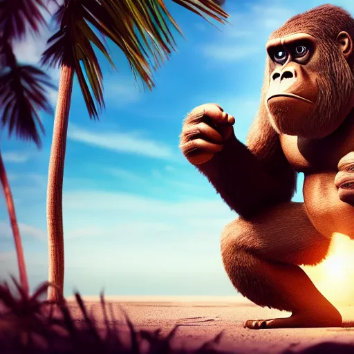 Image similar to king kong wearing a bikini, clearing a space for himself at the beach, cinematic, octane render, sunny day, tropical island.
