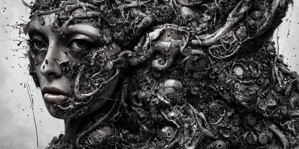 Image similar to hyperrealistic splatterpunk photography of a highly detailed and symmetrical gorgeous cyborg nymph awash in a sea of black soot in the style of beth cavener, jin kagetsu, james jean and wlop, highly detailed, face symmetry, masterpiece, award - winning, sharp focus, intricate concept art, ambient lighting, 8 k, artstation