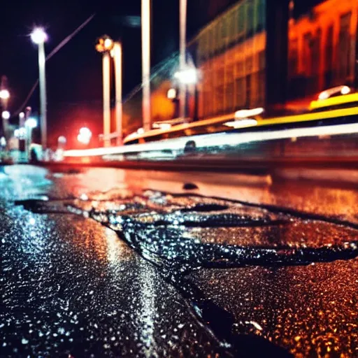 Image similar to night city lights reflecting on wet asphalt, moody photography