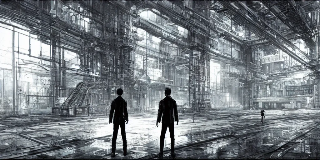 Image similar to lonely stranger inside a hall of monumental cyberpunk industrial factory megacomplex; by tsutomi nihei; hyperrealistic, 4K wallpaper, highly detailed-H 768