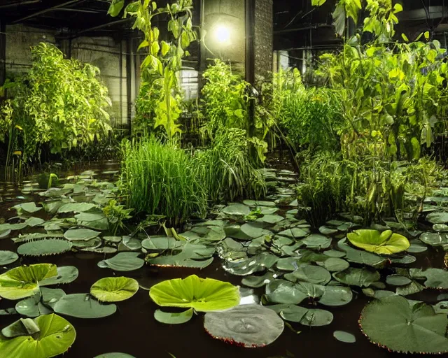 Prompt: A flooded warehouse overgrown with aquatic plants, flowers, lily pads, vines, majestic, dramatic lighting