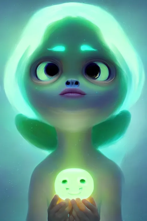 Prompt: super cute Bioluminescent creature made out of gemstones character concept, only one face, soft light, soft mood, realistic body features and face, illustration, painting oil on canvas by Elena Zhurikhina and Goro Fujita and Charlie Bowater, octane render trending on artstation, 4k, 8k, HD