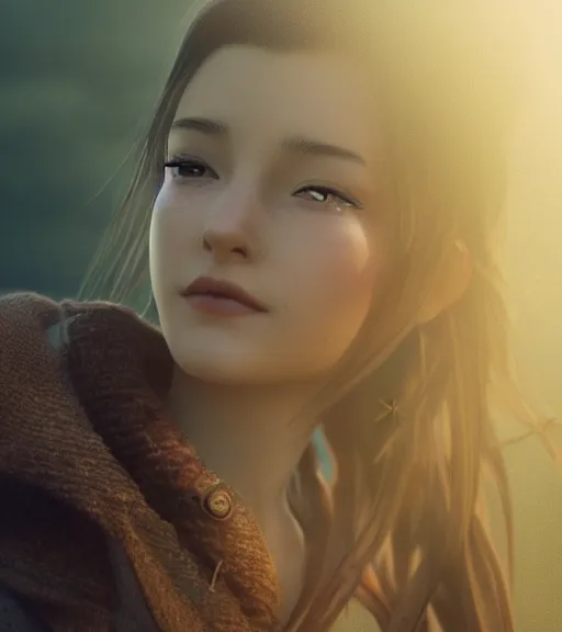 Image similar to beautiful aerith gainsborough, face centered portrait, cottagecore, confident, fog, rain, volumetric lighting, soft light particles floating near her, rim light, beautiful, golden hour, sharp focus, ultra detailed, cgsociety by leesha hannigan, ross tran, thierry doizon, kai carpenter, ignacio fernandez rios