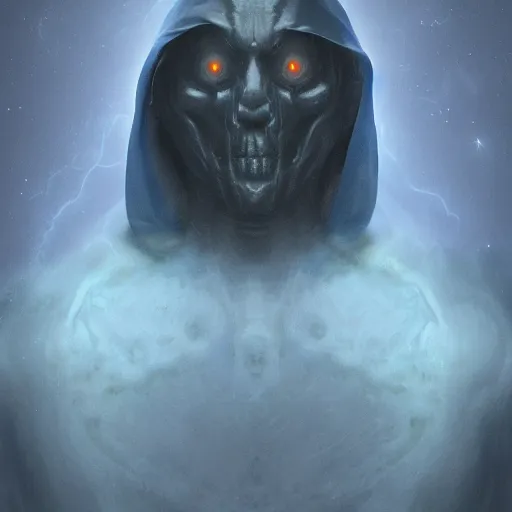 Prompt: award - winning. trending on artstation. 4 k. eerie tone. a mouthless astral figure wearing a hooded cape made of the night sky with 1 5 dark blue glowing eyes on its face and rows of teeth on its chest. full - body. portrait.