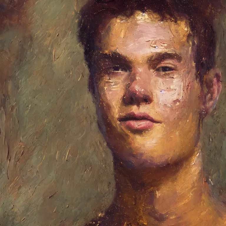 Prompt: Beautiful warmly lit close up studio portrait of young teenage Thanos sweetly smiling cute, impasto oil painting heavy brushstrokes by Cy Twombly and Anselm Kiefer , trending on artstation dramatic lighting abstract Expressionism