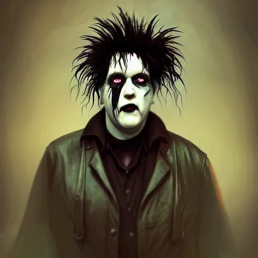 Image similar to early picture of robert smith from the eighties as a cute zombie, 7 days to die zombie, fine art, award winning, intricate, elegant, sharp focus, cinematic lighting, digital painting, 8 k concept art, art by z. w. gu, art by brom, art by michael hussar, 8 k