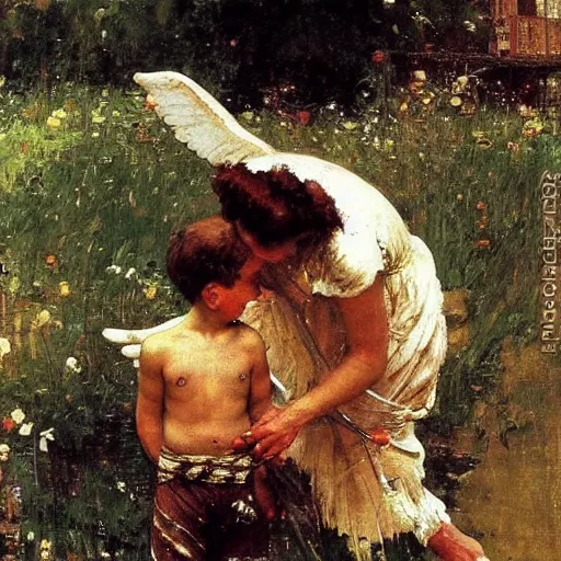 Prompt: a guardian Angel saving a little boy from drowning. Ilya Repin. Norman Rockwell. Masterpiece. Rule of thirds.