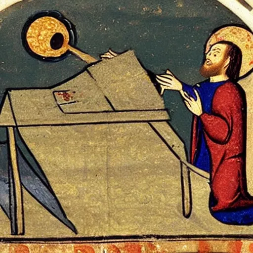 Prompt: Medieval painting of a man creating sick beats on his computer