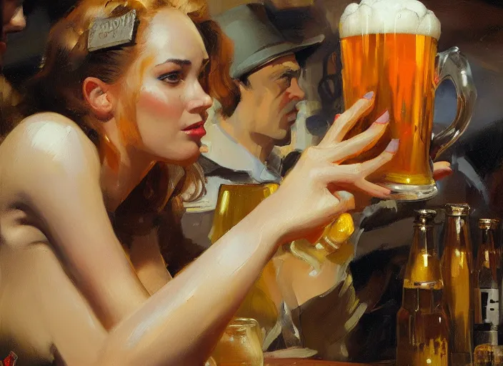 Prompt: greg manchess close - up painting of a delicious mug of beer in a dieselpunk bar, organic painting, matte painting, bold shapes, hard edges, street art, trending on artstation, by huang guangjian and gil elvgren and sachin teng