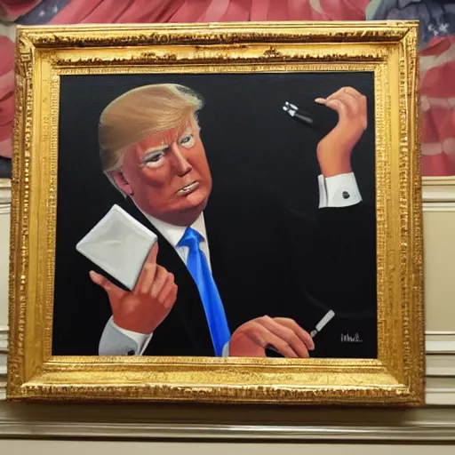 Prompt: donald trump painting a self portrait on the canvas