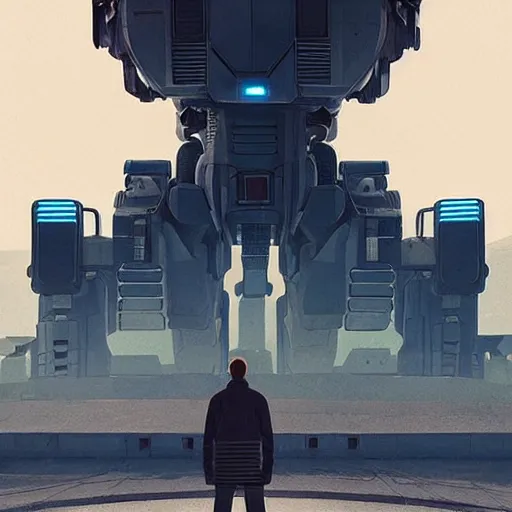 Prompt: a man standing next to a giant robot, concept art by beeple, martin deschambault, cgsociety, sots art, dystopian art, sci - fi, concept art