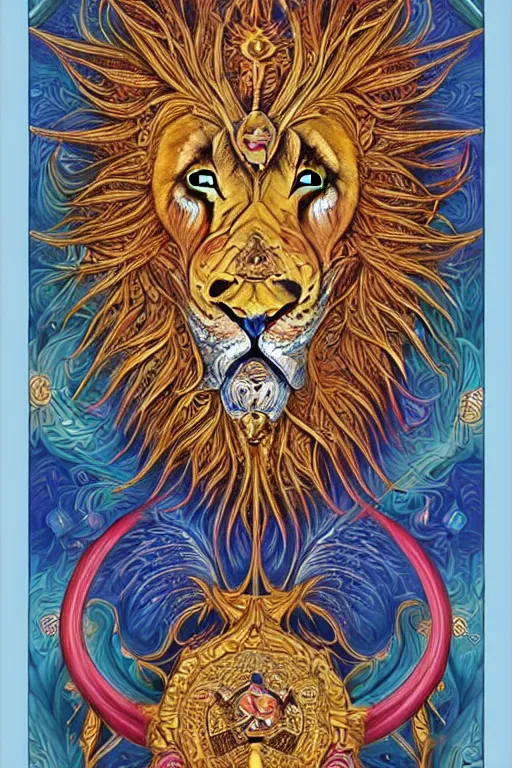 Image similar to beautiful and colorful fractal tarot card featuring an ornate, realistic, and regal viking lion by Dan Mumford, by Jim Fitzpatrick, by joe wilson, featured on deviant art, trending on artstation