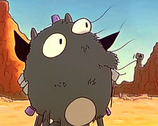 Image similar to a cell shaded cartoon grey six legged mechanic wolf from howl's moving castle ( 2 0 0 4 ), with a big head, on a desert road, wide shot, studio ghibli, hq