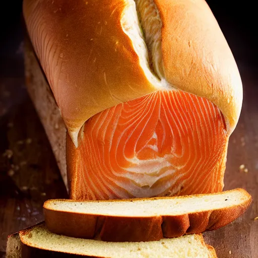 Image similar to hot slices of bread filled with freshly - caught salmon and red apple, 8 k resolution, food photography, studio lighting, sharp focus, hyper - detailed