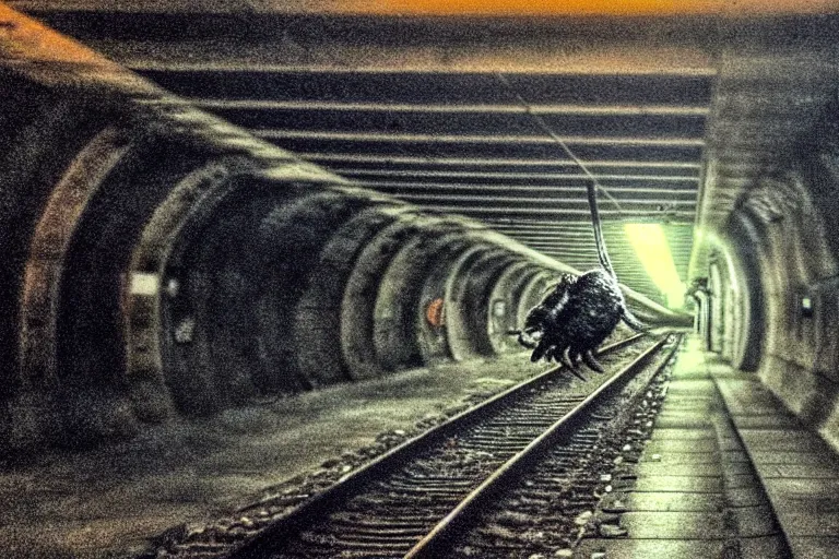 Prompt: very large giant mutant zombie irradiated ( angry rat ) staying on railways in tonnel of moscow subway. subway. giant angry rat, very realistic. extreme long shot, low dark light, anish kapoor, herman nitsch, giger.