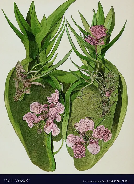 Image similar to fantasy scientific botanical illustration of two plants cozily in love with each other