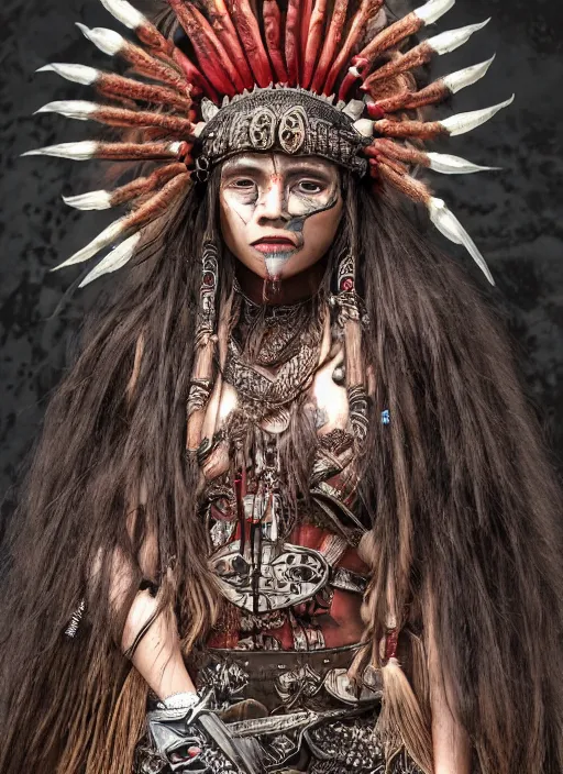 Image similar to hyper detailed image of an Redskin warrior princess wearing a headdress, intricate, elegant, long black hair, hd, 8k, muted colors,