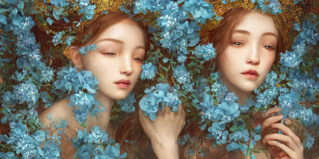 Image similar to breathtaking detailed concept art painting portrait of the hugs goddess of light blue flowers, carroty hair, orthodox saint, with anxious piercing eyes, ornate background, amalgamation of leaves and flowers, by hsiao - ron cheng, extremely moody lighting, 8 k