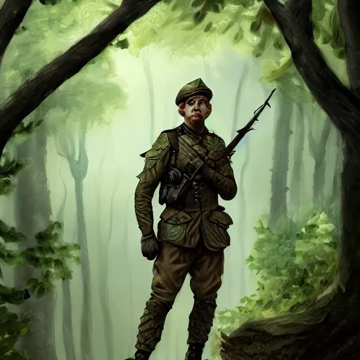 Image similar to male soldier in the forest, by annie leibowitz!!!, D&D, fantasy, intricate, elegant, highly detailed, digital painting, artstation, concept art, matte, sharp focus, illustration